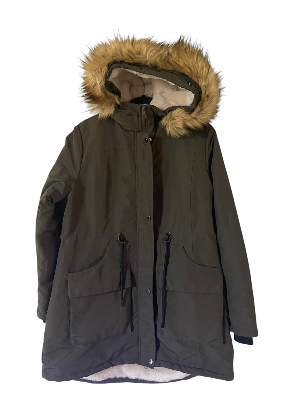 Orolay Insulated Olive Green Faux-Fur Hooded  Parka Size L